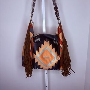 BOHO Mexican Style Beach Tote Zip‎ Purse Fringe Cotton Blend Shoulder Bag New